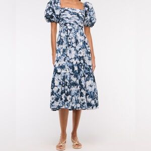 ABERCROMBIE The A&F Emerson Poplin Puff Sleeve Midi Dress Floral Blue White S